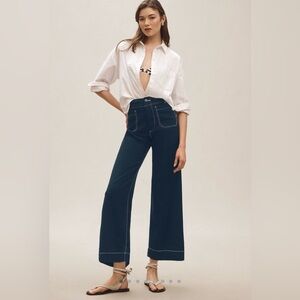 Maeve Colette Contrast-Stitch Linen Crop Wide Leg Pants